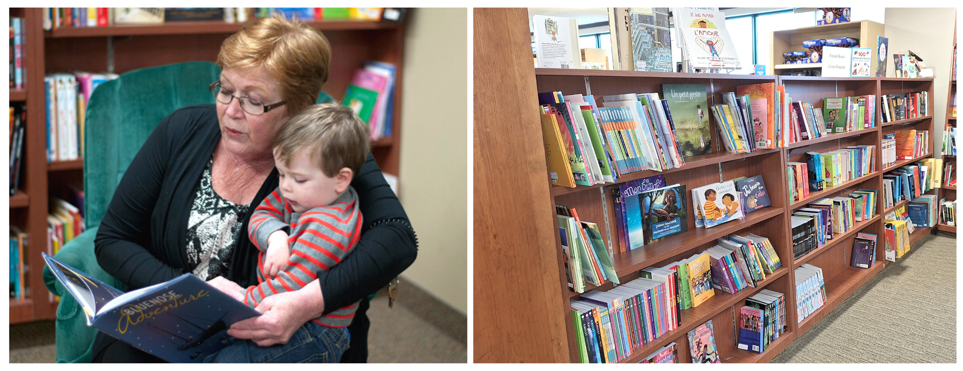 A photo of Anne Whebby reading to a child. A photo of bookshelves at Tattletales.
