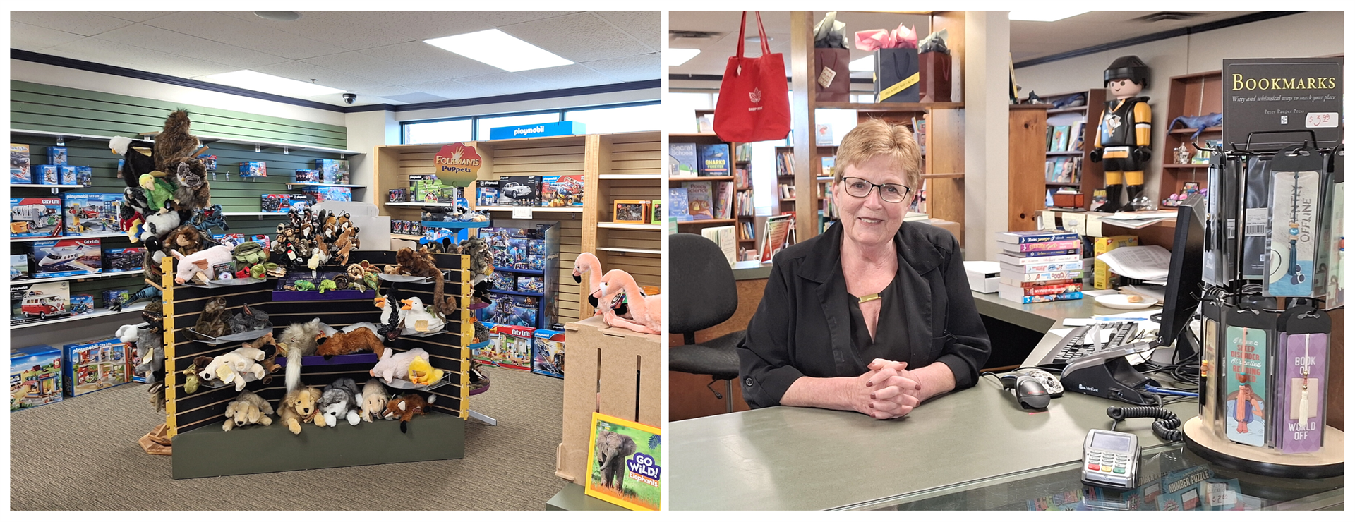 A photo of the toy section at Tattletales. A photo of Anne Whebby at the cash.